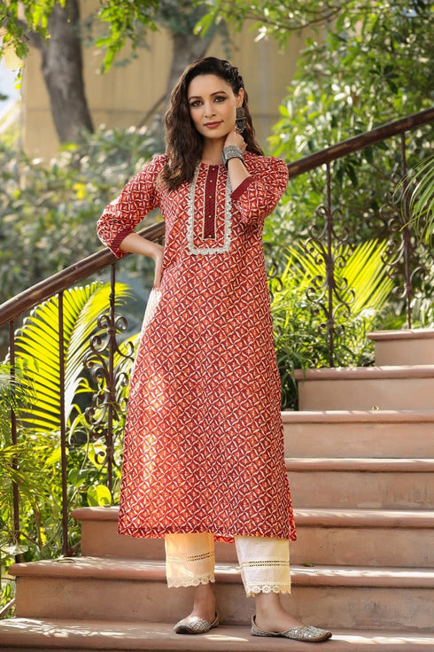 Women Maroon Ethnic Motifs Cotton Printed Straight Kurta